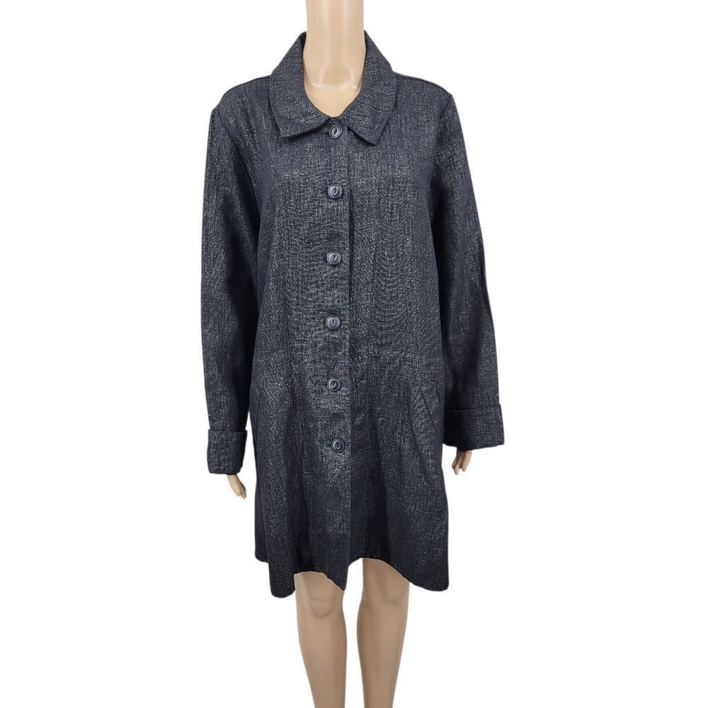 Flax Heavy Linen Black Button Up Coat Women's Medium